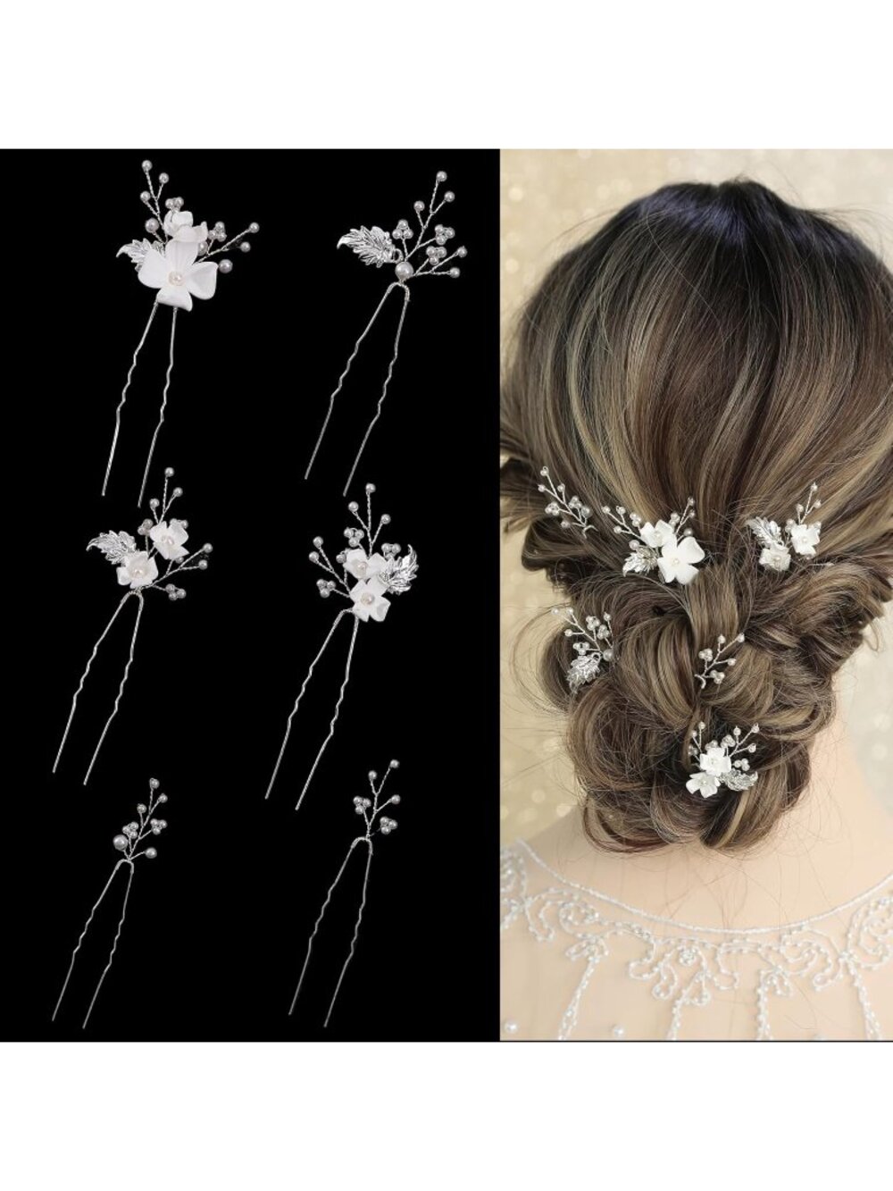 Women's Silver 6 Pieces Handmade Gold Leaf Pearls Flower Bridal Hair Bridesmaid
